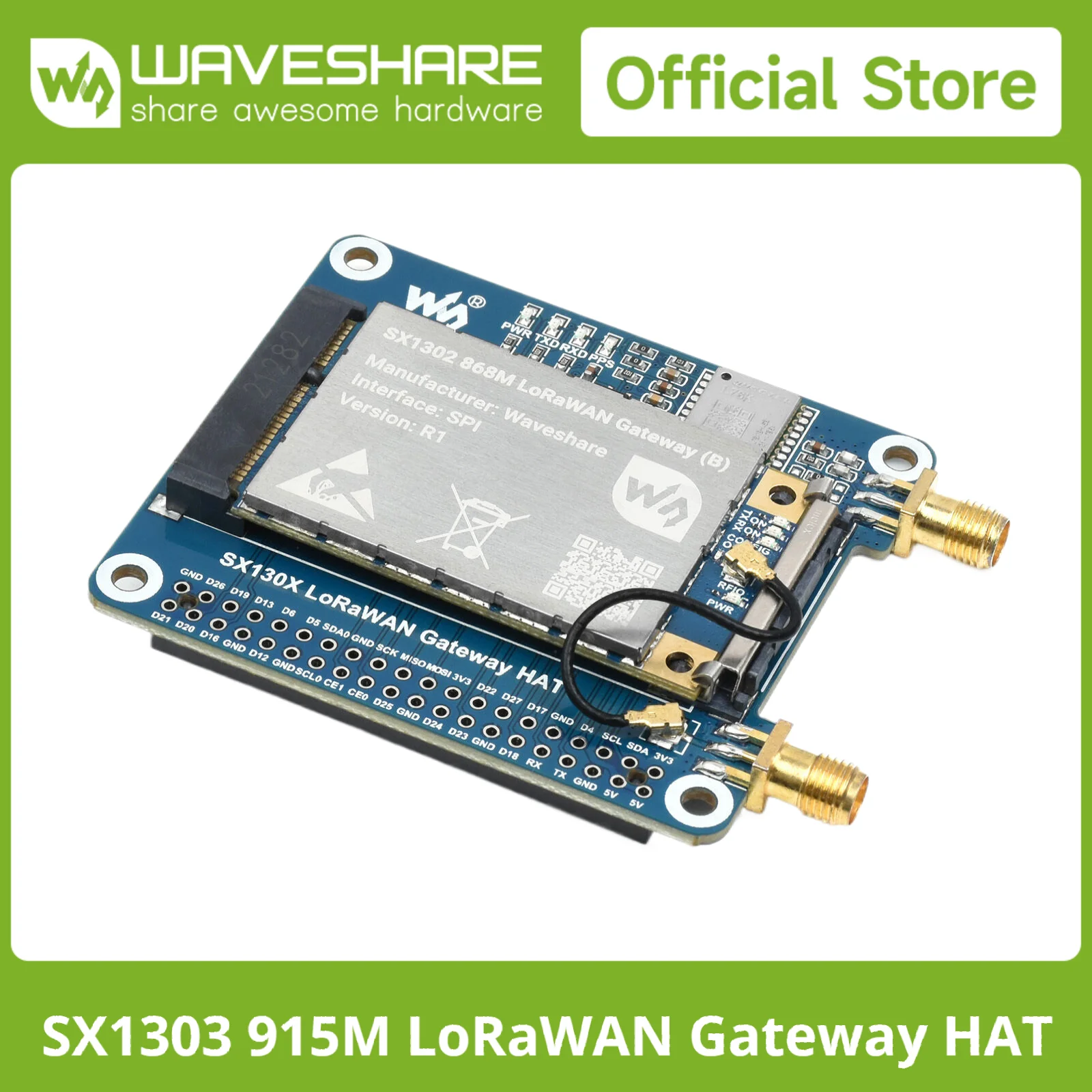 Waveshare sx130x 868m/915m módulo de gateway loRaWAN/chapéu para raspberry pi, soquete mini-pce padrão, transmissão spi de longo alcance