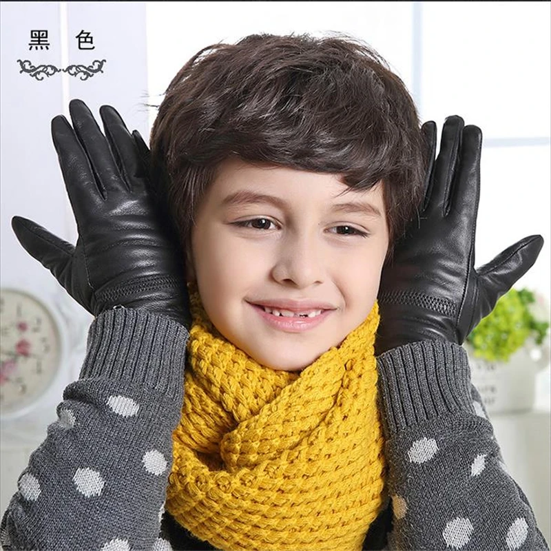 Children Autumn Sheepskin Plus Velvet Thick Gloves Boys Winter Solid Warm Glove Girls Genuine Leather Points Finger Mitten S-XL