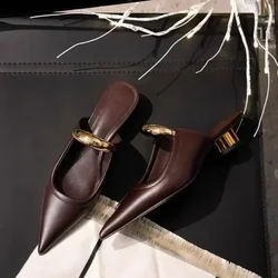 Punk Gothic Metal Buckle Low Heels Sandals Women 2025 New Pointed Toe Thick Heeled Summer Slippers Woman Platform Muller Shoes
