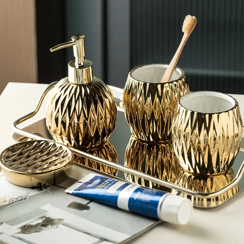 

Ceramic Electroplated Bathroom Wash Set Soap Dish Gargle Cup Lotion Bottle Bathroom Accessories Housewarming Gift Toilet Set