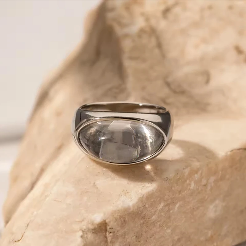 

Autumn and Winter New Style Unique Natural Stone Stainless Steel Fashion France Chic Metal Ring Charm Trendy Jewelry Women