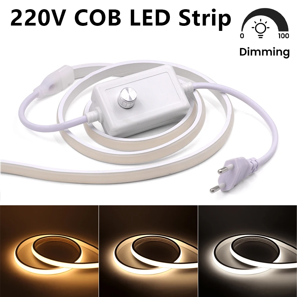 

220V COB LED Strip Neon Light Switch/Dimmable EU Power Plug High Bright 288LEDs/m Flexible LED Tape For Bedroom Kitchen Lamp