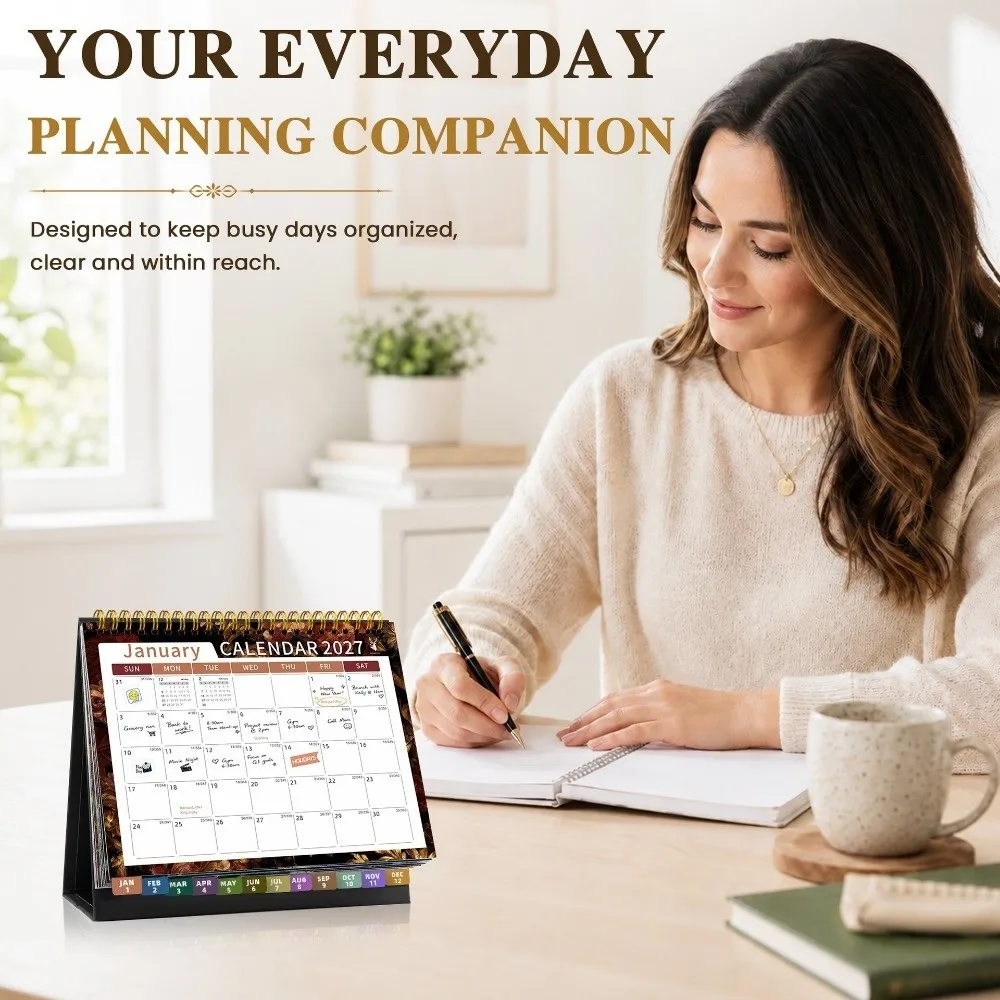 Floral Pattern 2027 Desk Calendar Spiral Bound Decorative Standing Flip Calendar Coil Binding Standing Design Table Calendar