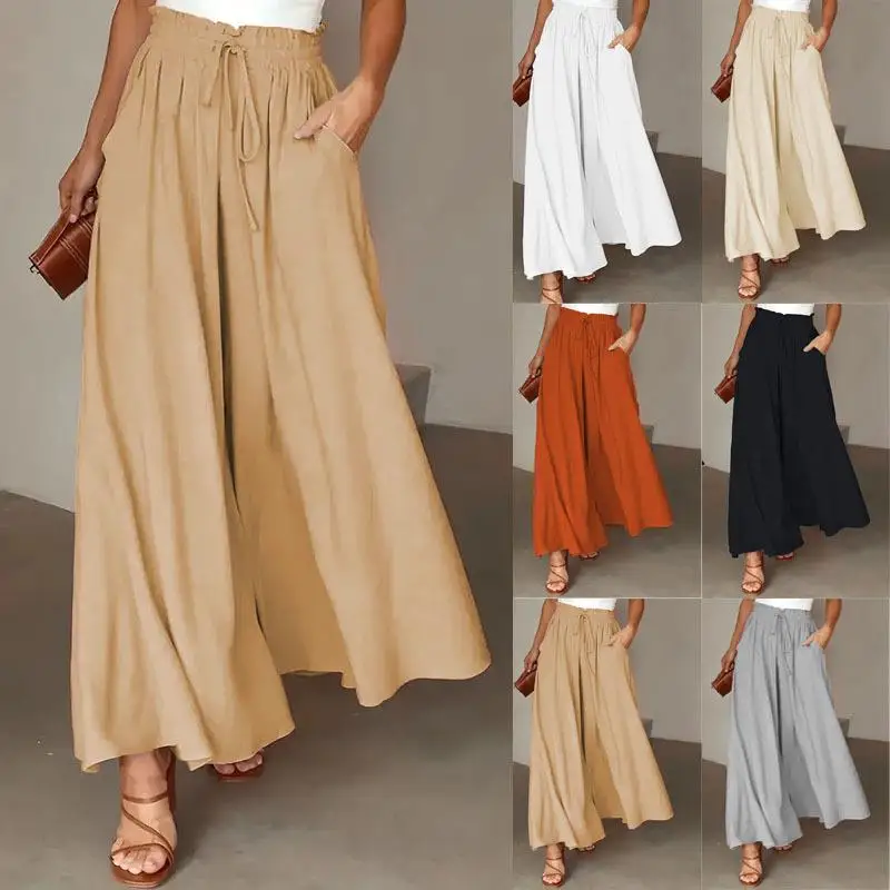 

Брюки женские с высокой талией и широкими штанинами, на резинке, повседневные, из бамбукового хлопка, без бренда, для работы, весна 2025