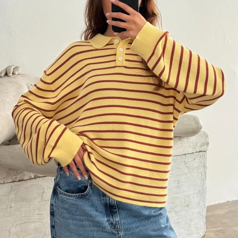y2k Vintage Rib Knitted Striped Collared Sweater Loose Long Sleeve Pullover Knit Tops Casual Winter Autumn 2025 Sweatirt Clothes