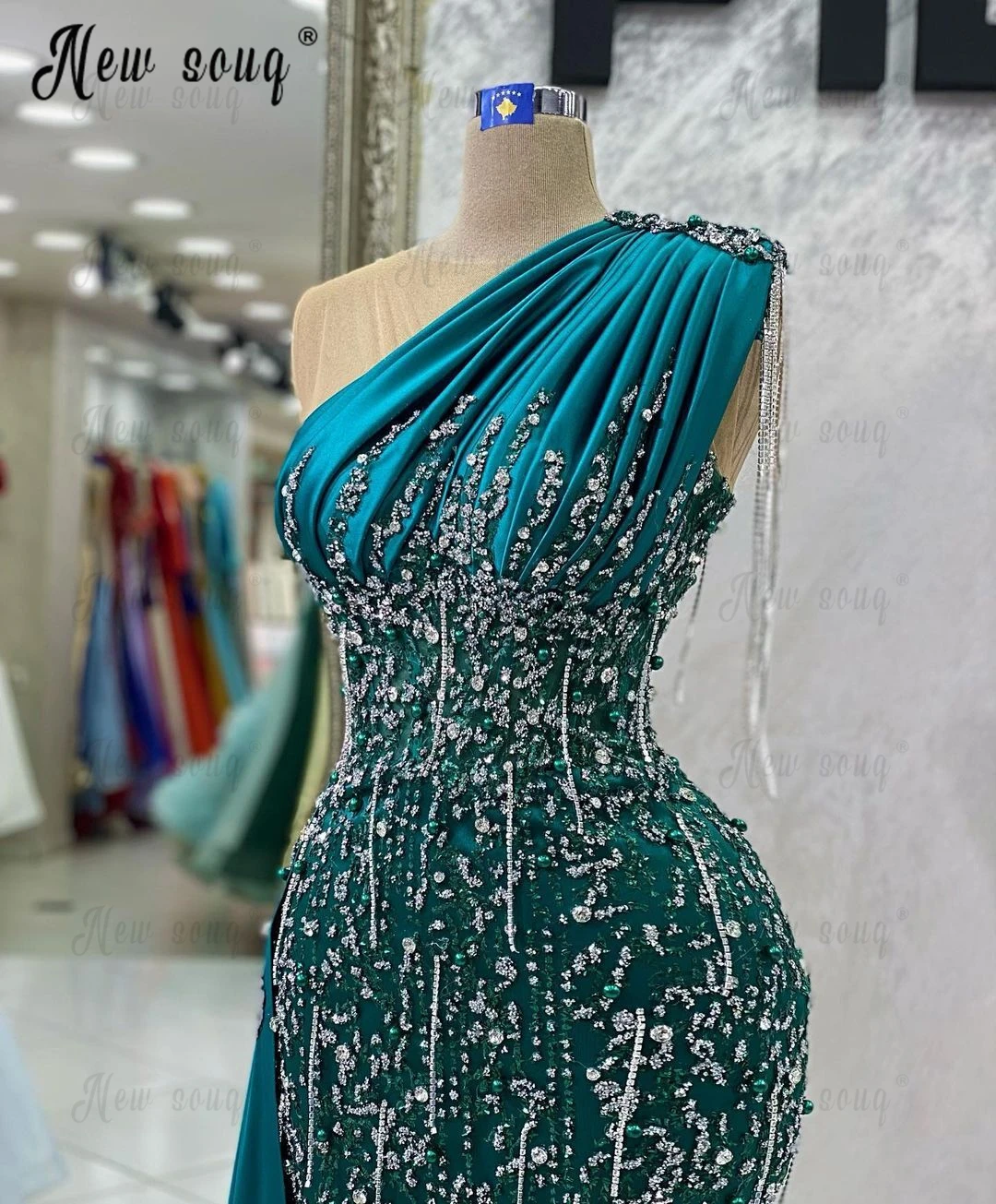 Vestido árabe frisado de um ombro, vestidos formais de baile, vestido elegante com borla, verde esmeralda, festa de casamento, vestido de Dubai