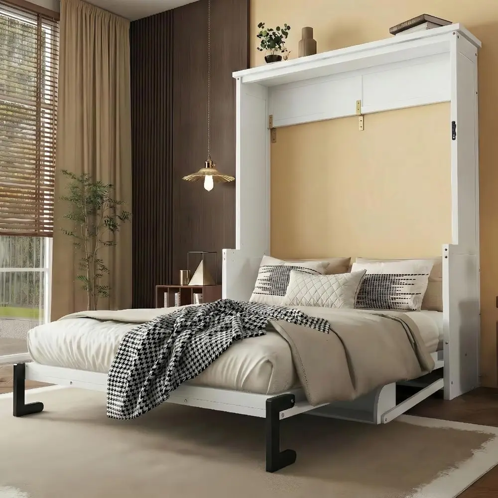 

Space-Saving Queen Size Wall Bed with Storage, Solid Wood, Ideal for Small Bedrooms, White