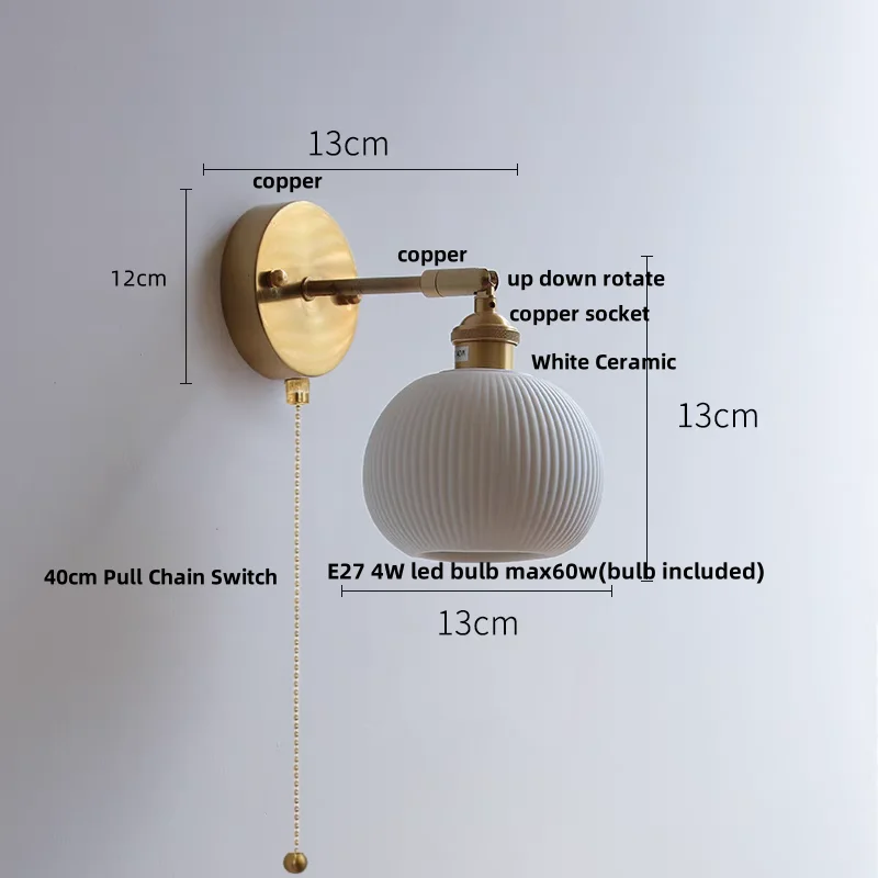 IWHD Globe White Ceramic LED Wall Lamp Sconce Living Dining Room Pull Chain Switch Rotate Copper Bathroom Mirror Light  Lamparas