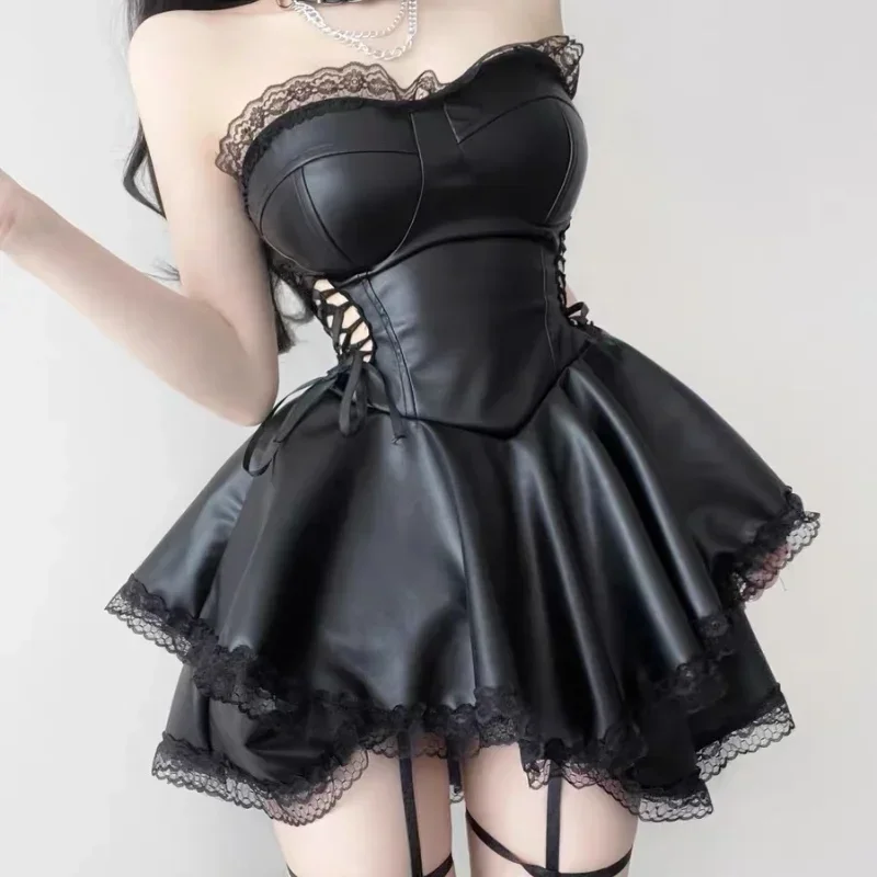 セクシーなレザーシースドレスストラップレス A ライン固体レースアップフリルドレスファッション女性 PU スプライシングレース官能的なドレス