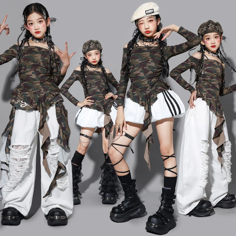 

Камуфляжный укороченный топ для девочек K-pop Брюки-карго ‌ дети Хип-Хоп Уличная одежда ‌ Комплект одежды для групповых танцев с пышной юбкой для девочек в стиле джаз