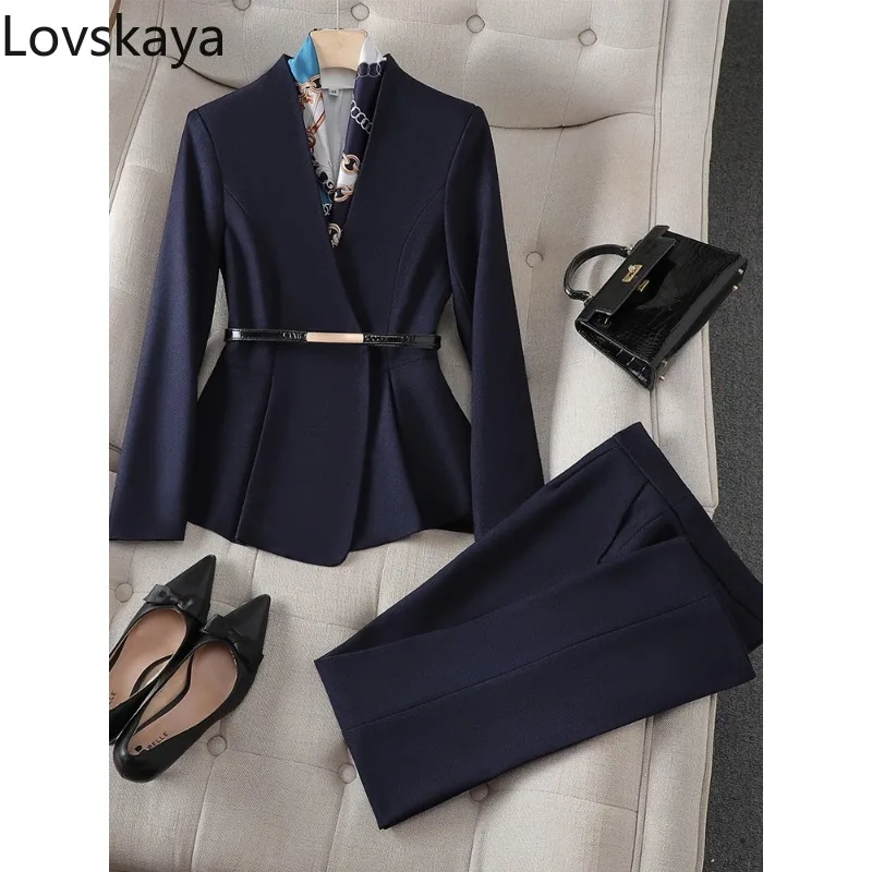 

V-Neck Ruffle Jacket Blazer And Trouser Navy Elegant Women Pant Suit Office Ladies Female Work Wear Formal 2 Piece Set