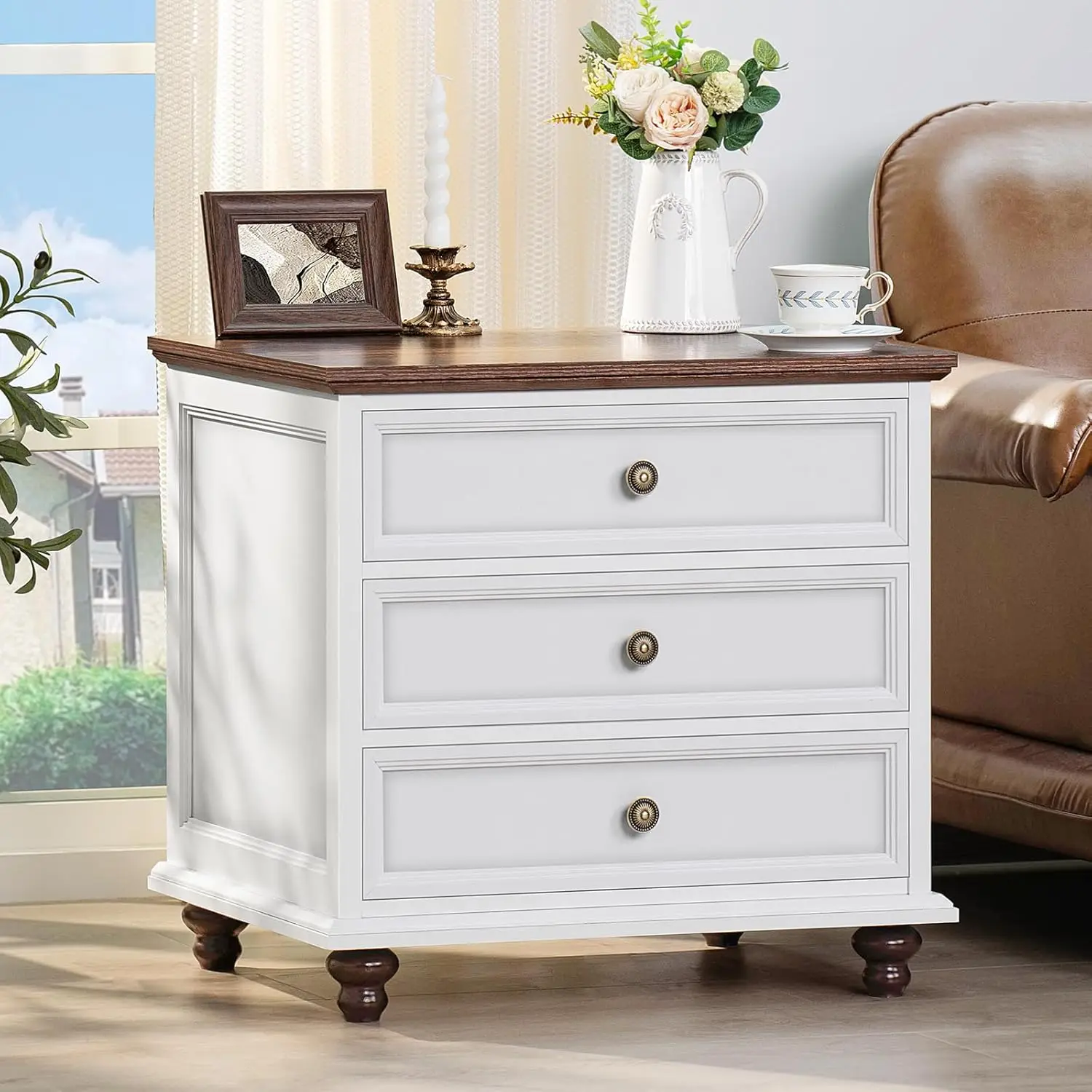 

24" Wide Farmhouse Night Stand,Large End Table with 3 Drawers & Metal Handle,Wood Dresser for Bedroom, White Bed Side Table Ches