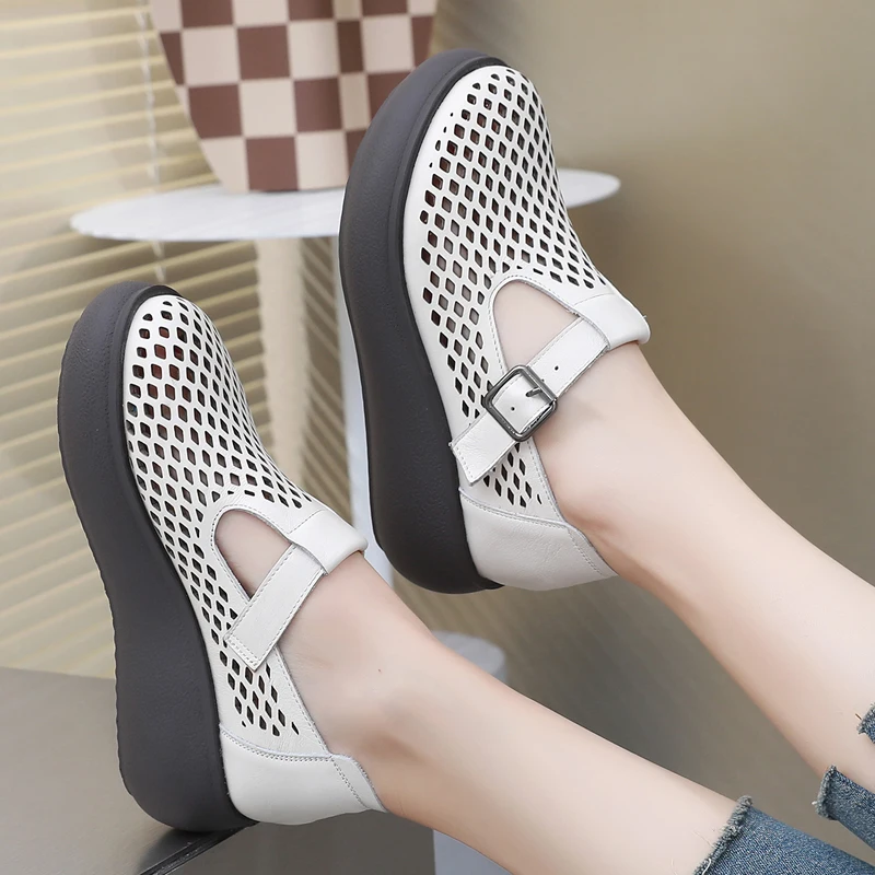 GKTINOO Genuine Leather Closed Toe Sandals For Women Hollow Out Summer Platform Sandals Wedges Leisure Ladies Shoes Handmade