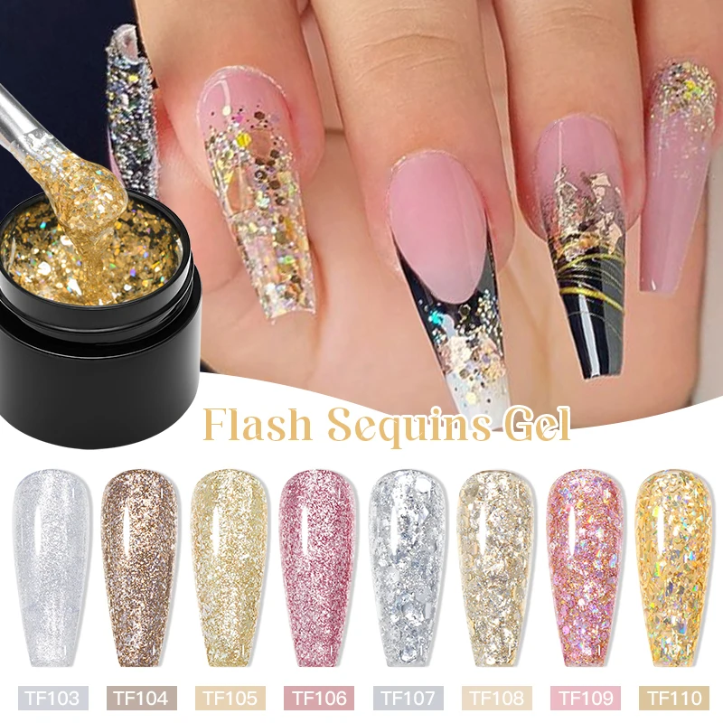 8 Colors Sparkling Flash Gel Nail Polish Painting Liner Gel Soak Off UV Nail Glue with Glitter Sequins for Home Salon Nail Art