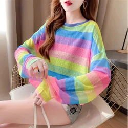 EBAIHUI T-shirt a righe arcobaleno Donna T-shirt trasparenti oversize Manica lunga sexy Colori irregolari Allentati Casual Maglia sottile Top