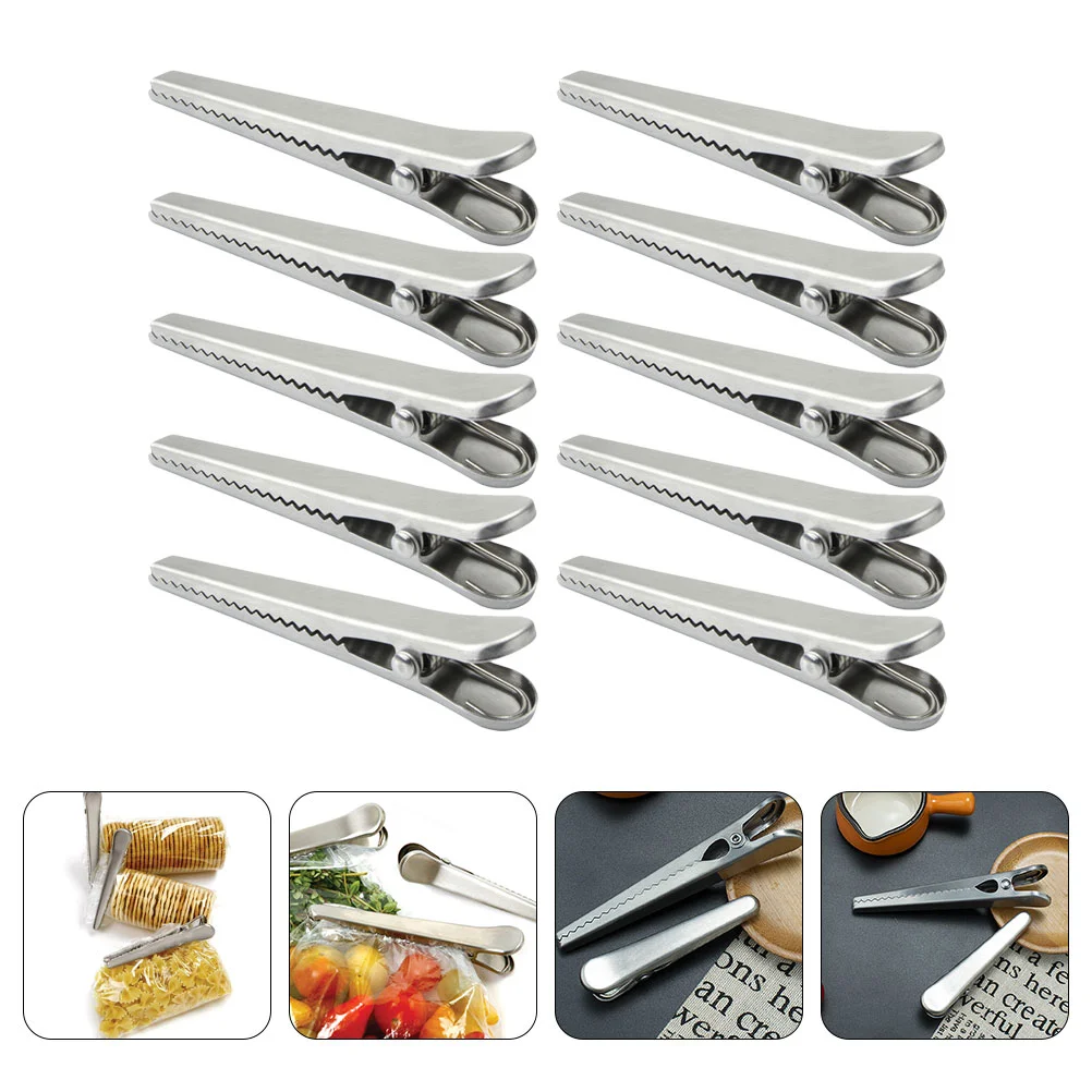 10 Pcs Baggies Stainless Steel Alligator Clip Food Sealing Clamp Reusable Clips Freshness Silver Snack
