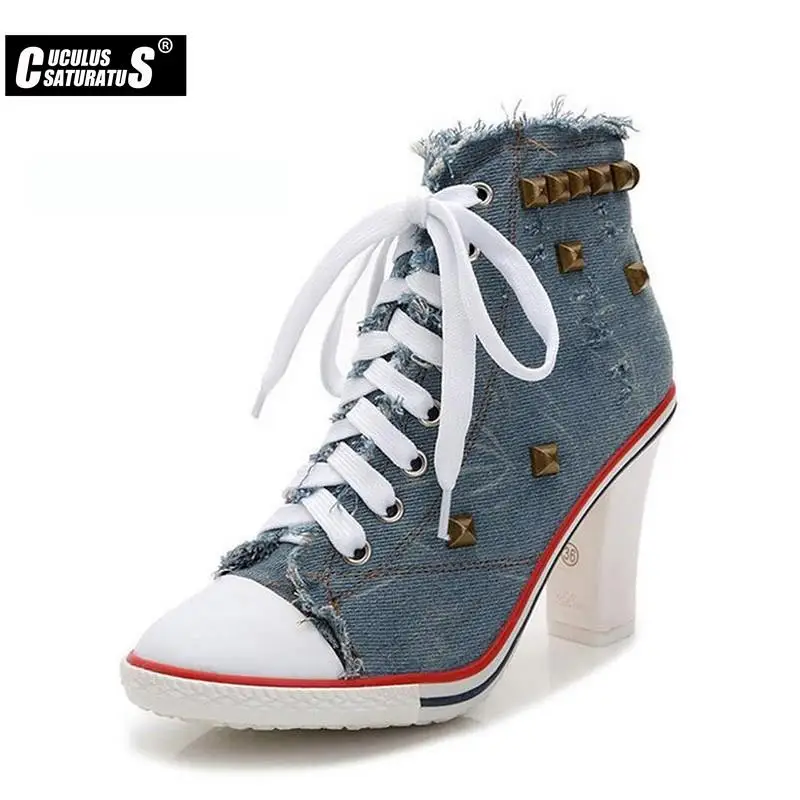 Cuculus Women Shoes High Heels Ankle Boot Square Block Heel Canvas Pumps Rivets Denim Boot Women Black White Blue 1317