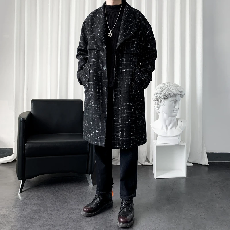 

2025 New High Quality Men's Windbreaker man trench coat checkered mid-length jacket man fashion casual overcoat