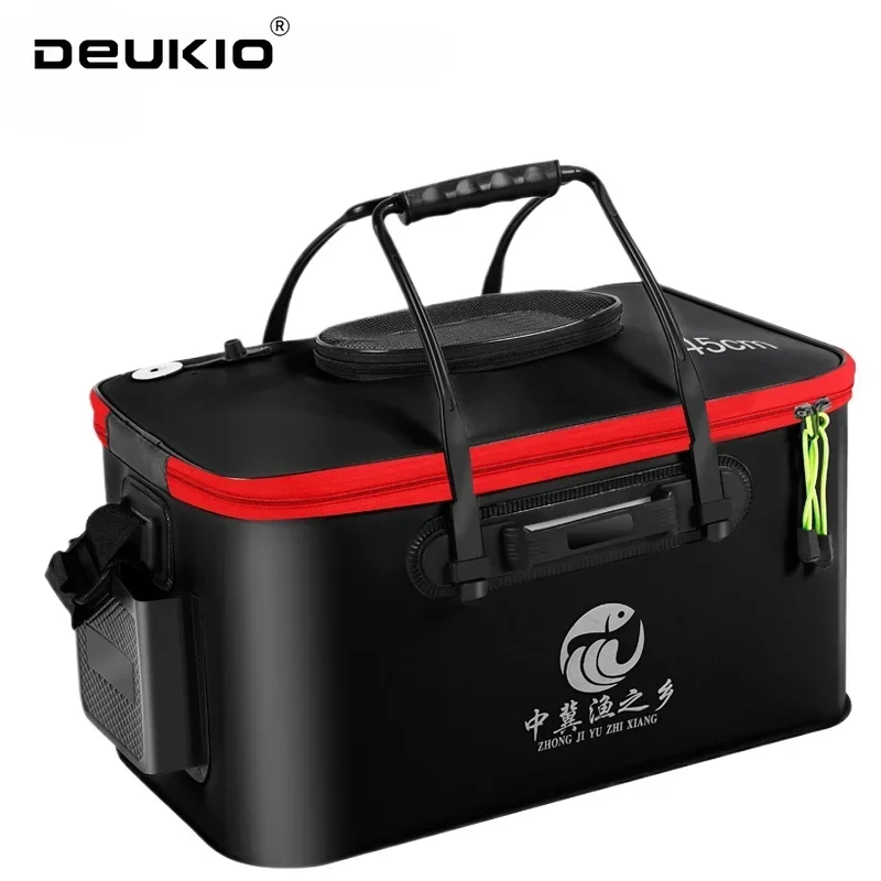 New 30-50cm Fishing Bucket EVA Foldable Carrying Handle Collapsible Live Fish Box with Side Pocket and Zipper for Travel Camping