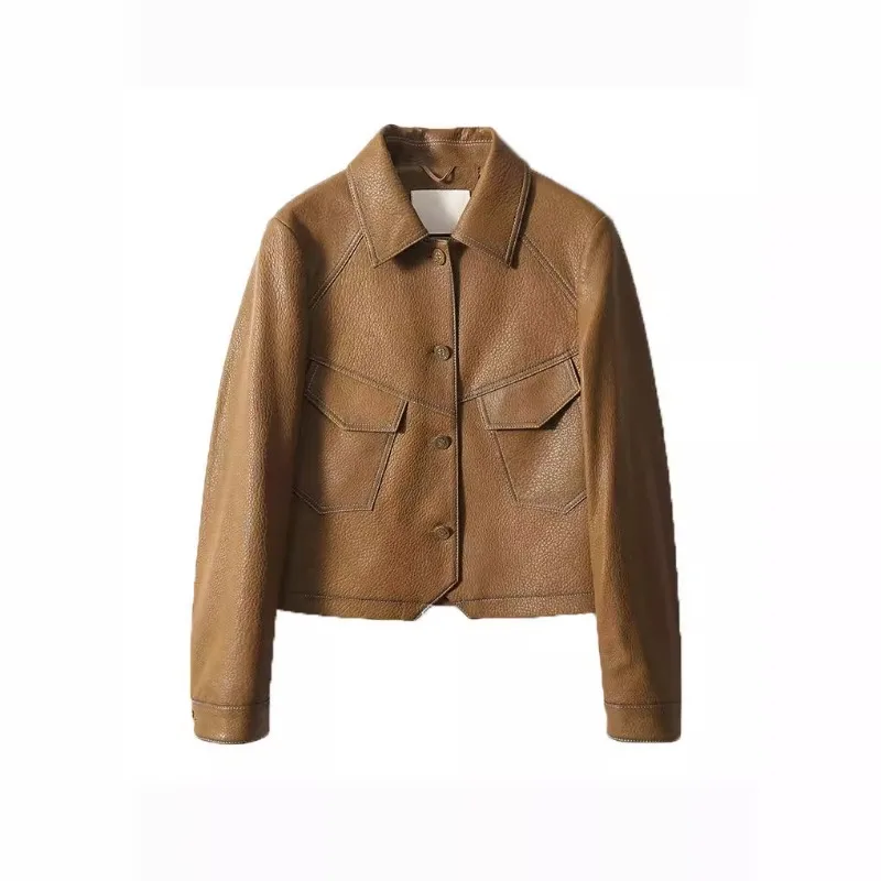 Abrigo Corto de Cuero Genuino para Mujer, Primavera-Otoño, Ajustado, con Cuello de Piel Sintética, a la Moda