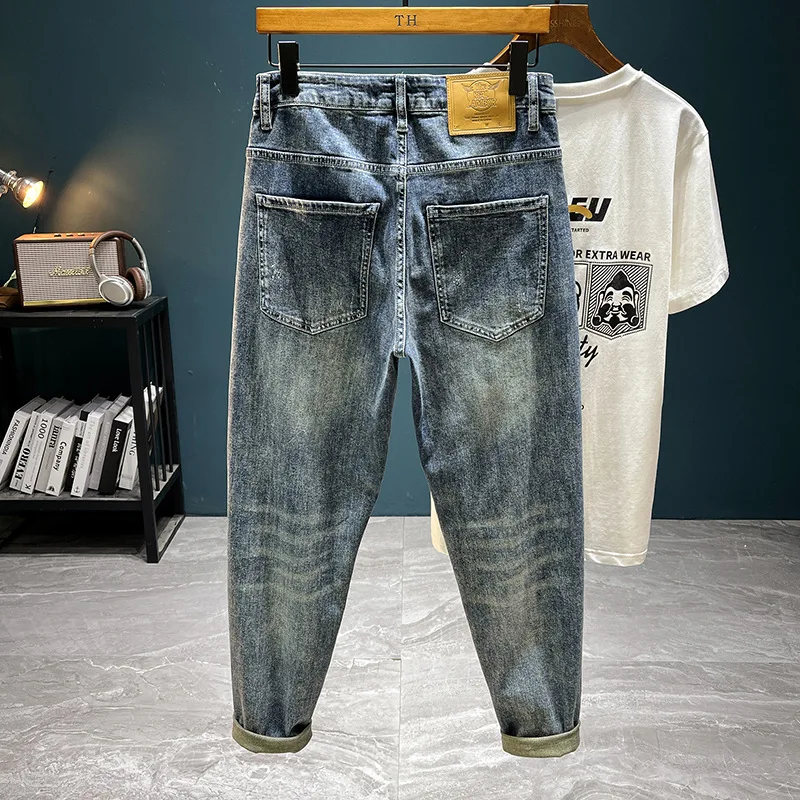 Ripped jeans for men spring2024new high-end trendy washed stretch slim tapered all-match skinny street trousers