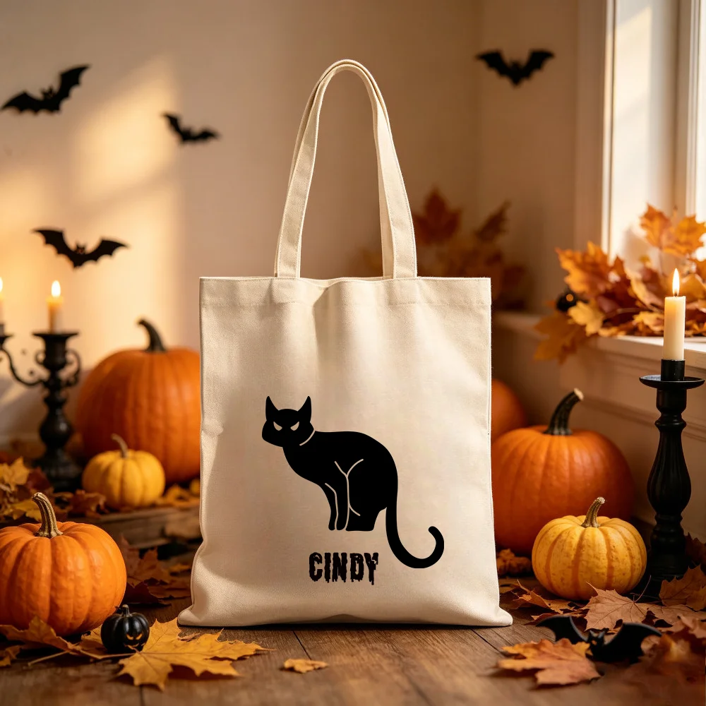 Custom Name Halloween Black Cat Canvas Tote Bag, Personalized Trick Or Treat Shopping Bag Halloween Gift.