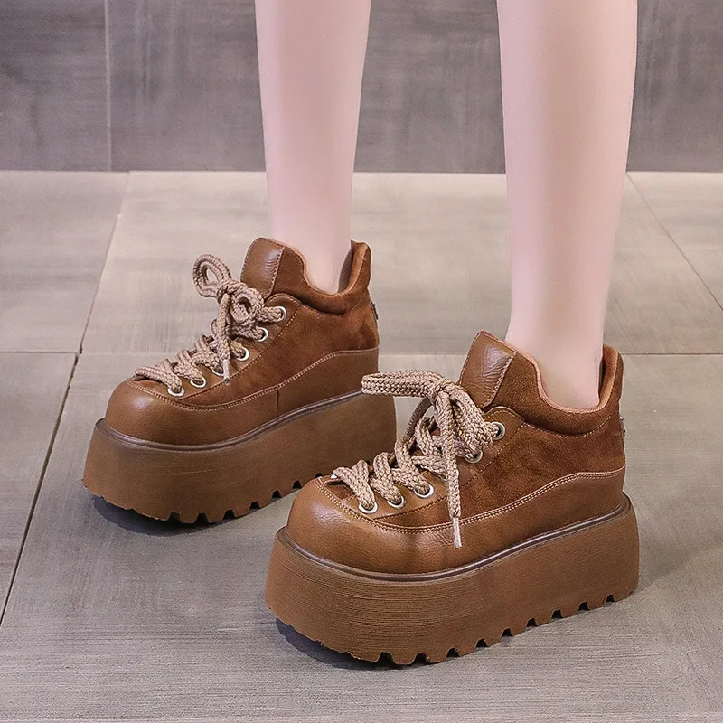 

Platform Shoes with Hidden Wedge for Women 2025 New Winter Warmth 9cm Brown Loafers for Petite Sizes