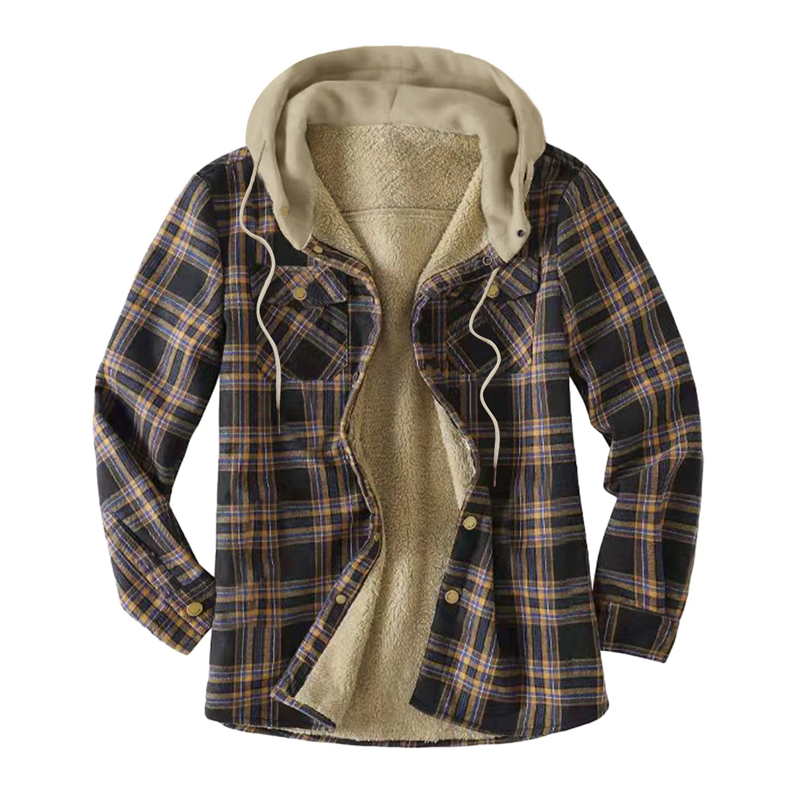 

Mens Autumn Winter Hooded Jacket Harajuku Plaid Zipper Long Sleeve Coats Basic Casual Shirt Jackets European American Size M-4XL