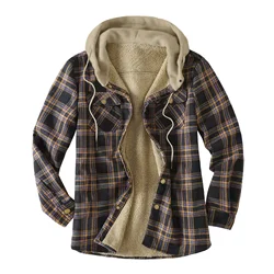Mens Autumn Winter Hooded Jacket Harajuku Plaid Zipper Long Sleeve Coats Basic Casual Shirt Jackets European American Size M-4XL