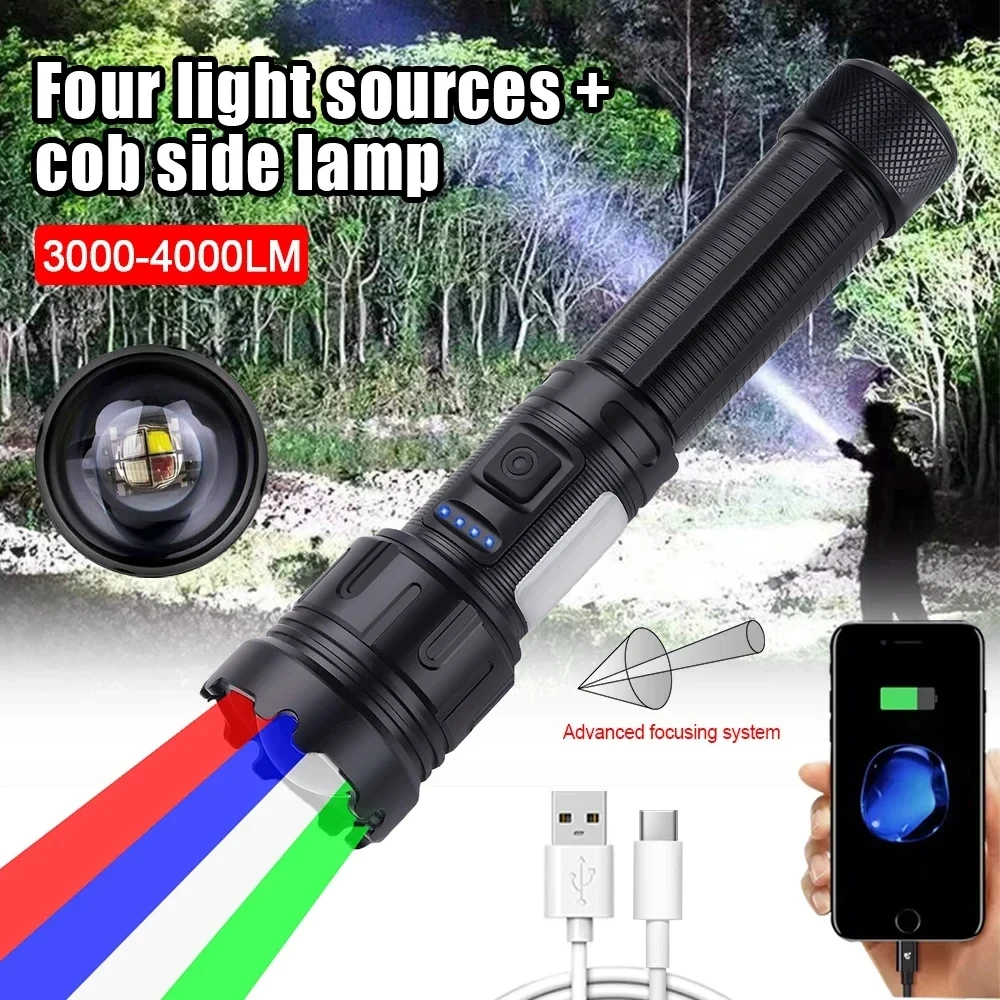 30W 4 in 1 Zoomable Hunting Flashlight 4000LM White+Green+Red+Blue 7 Modes Multi-color Outdoor Waterproof Type-C Charging Torch