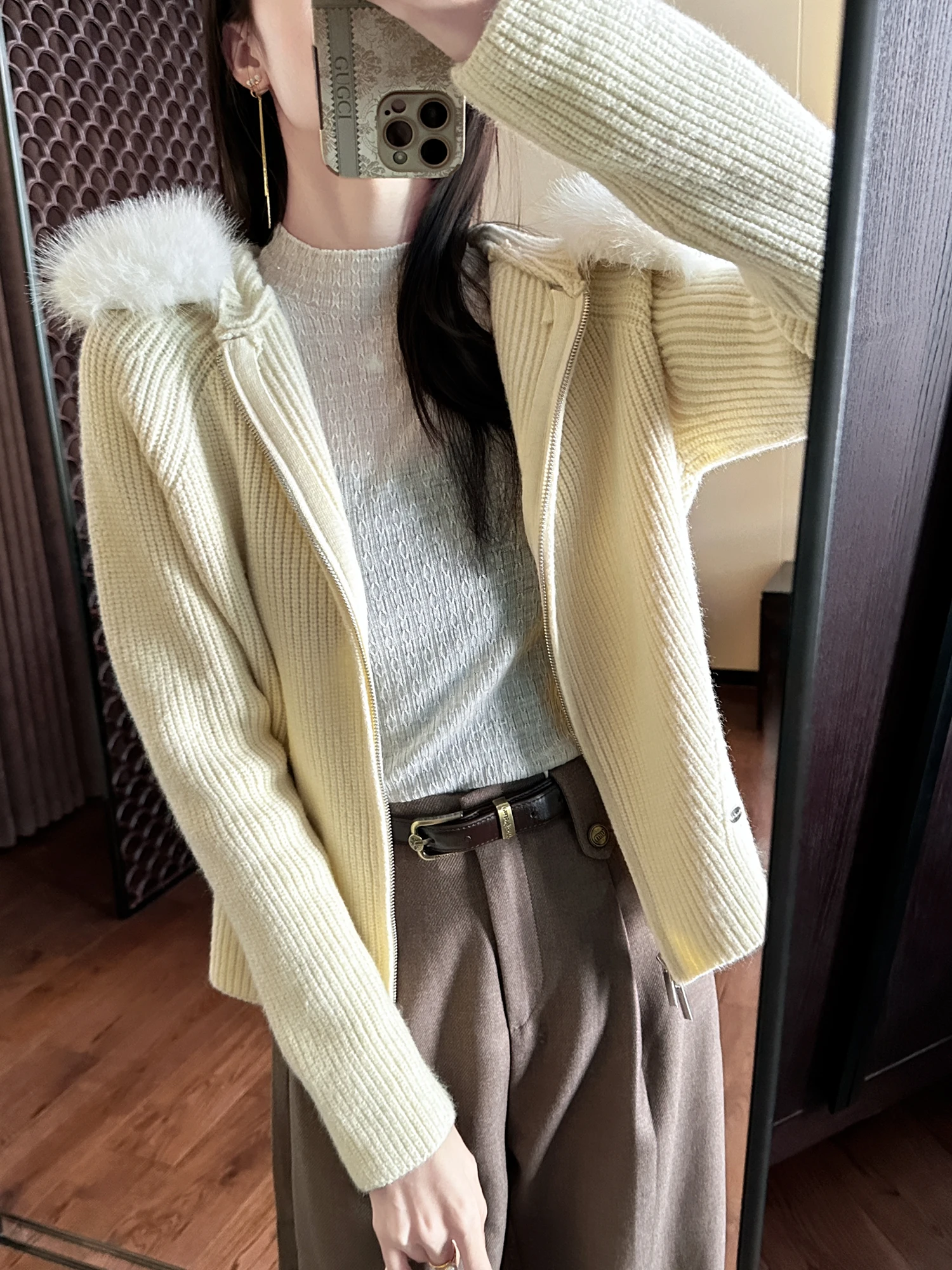 

You See Luxury Knitted Hooded Double Zipper Cardigan Women's Faion Outerwear with Fur Collar Commute Sle Winter Coat