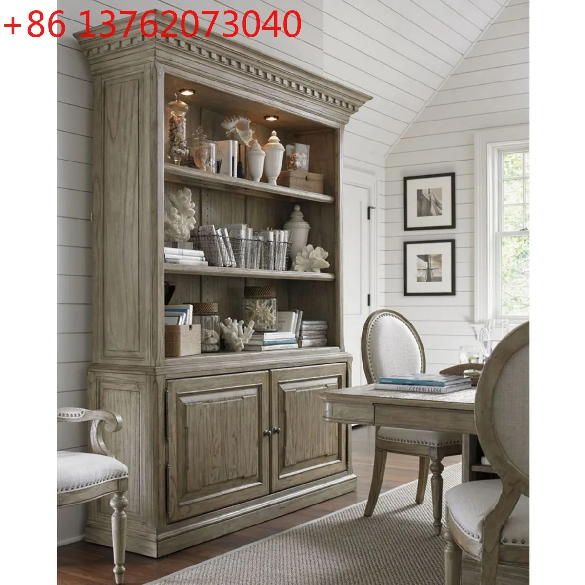 

American high-end solid wood retro old bookcase wine cabinet open display cabinet