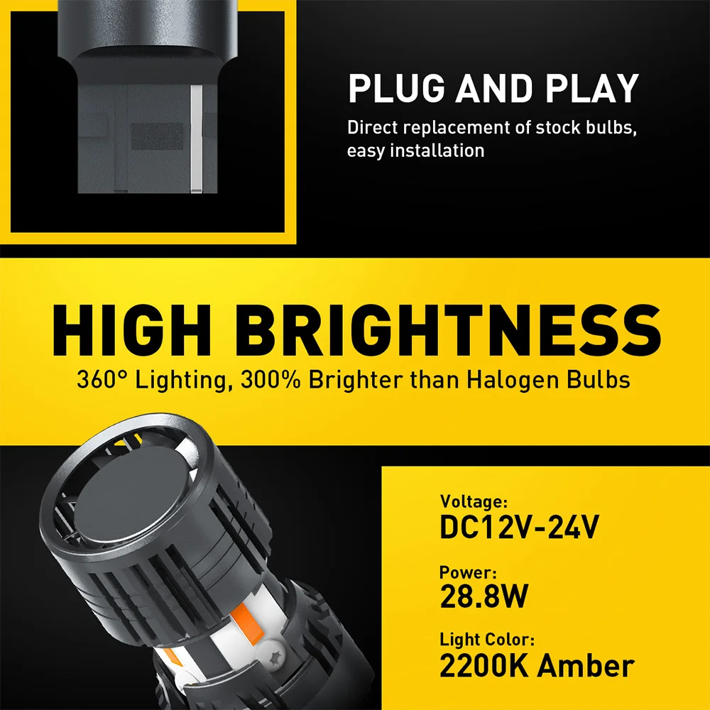AUXITO 2 قطعة Canbus T20 7440 7440NA LED بدوره مصباح إشارة لمبات 2200 كيلو العنبر الأصفر W21W WY21W LED مؤشر مصباح مع مروحة 12 فولت