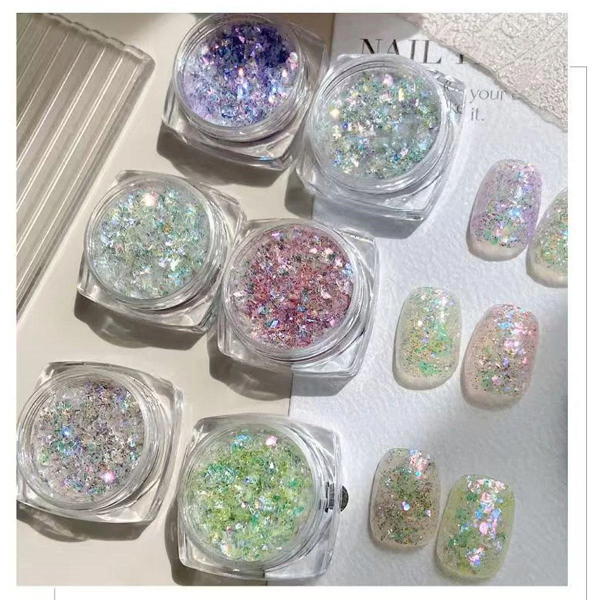 1set 6pcs Nail Opal Powder Mermaid Glitter colorful Powder Aurora Gradual Change Sequins UV&LED Nail Polish Art Accessories DIY