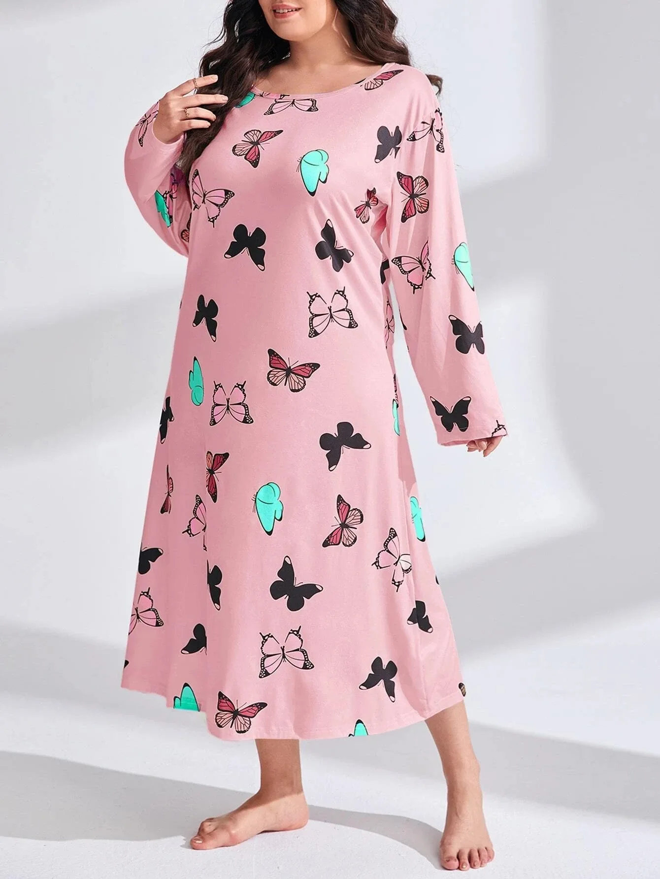 Women\'s 1XL-5XL Plus Size Long sleeved butterfly heart leopard print drop shoulder oversized long sleepwear dress