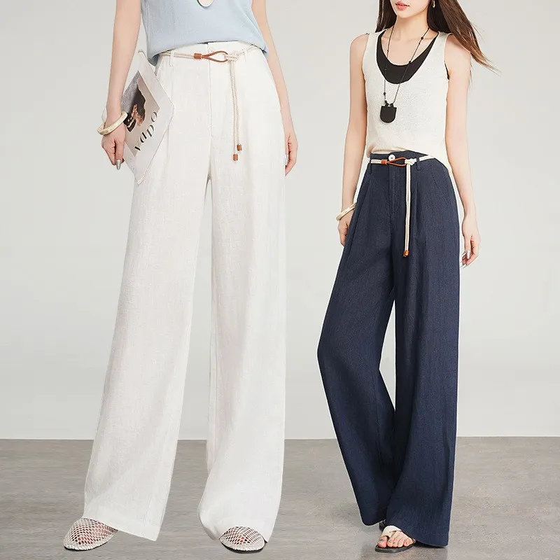 Pantalones de pierna ancha de lino puro para mujer, novedad de verano, pantalones holgados informales hasta el suelo, cómodos, de cintura alta, para ir al trabajo