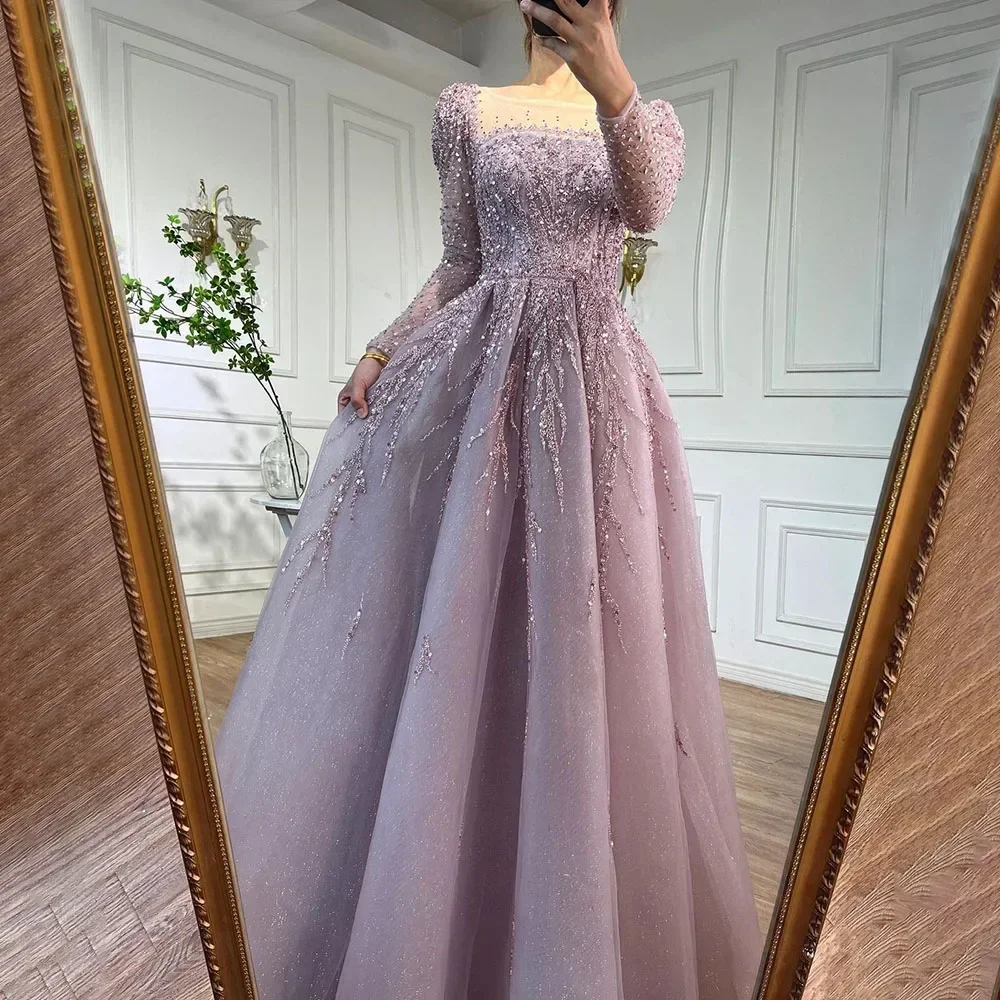 Luxury Square Collar Long Sleeves Beads Evening Dresses Elegant Sequined Draped A-Line Party Gowns Floor Length Prom Dresses