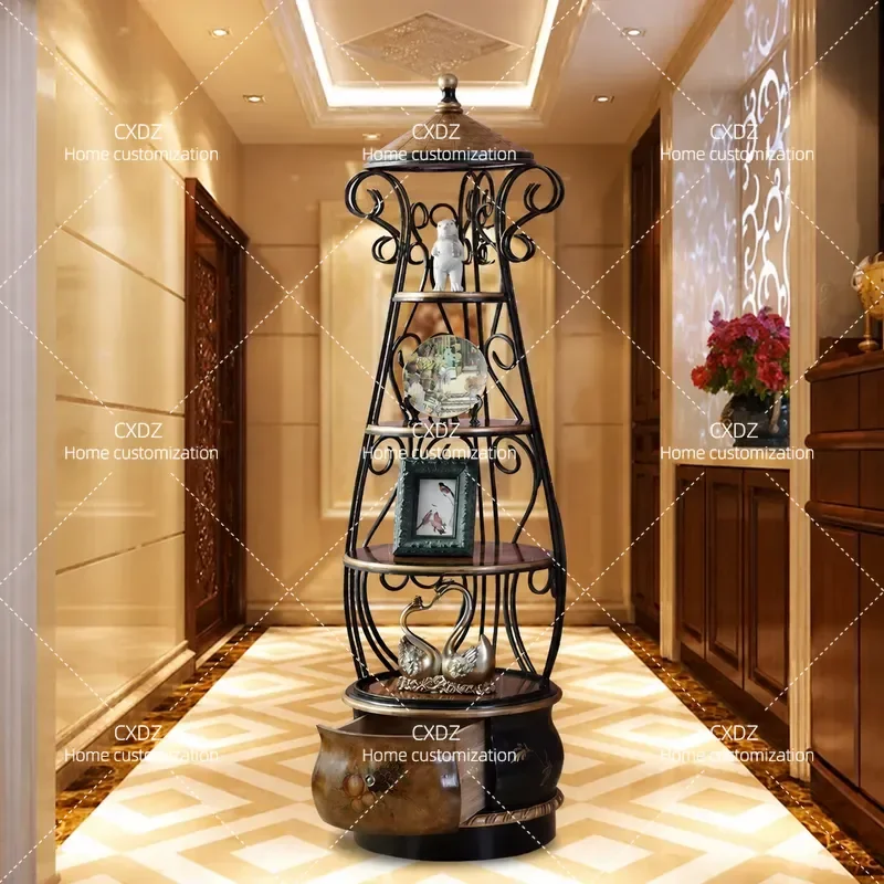Wrought Iron Floor Storage Rack with Solid Wood Frame Multi Layer Corner Shelf for Living Room Birdcage Style Display Stand