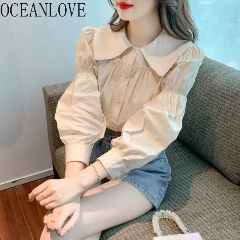 

OCEANLOVE Blouses Spring Autumn Puff Sleeve Peter Pan Collar Solid Sweet Women Shirts Korean Fashion Retro Elegant Blusas Mujer