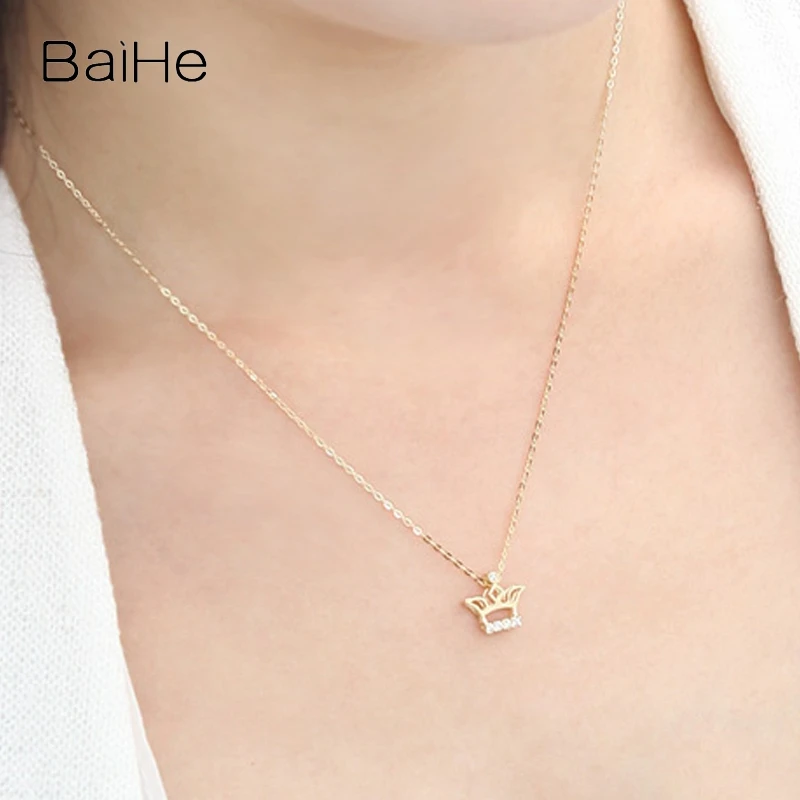 BAIHE Solid 14K Yellow Gold H/SI Natural Diamond Crown Necklace Women Men Trendy Fine Jewelry Making Колие с корона Ожерелье