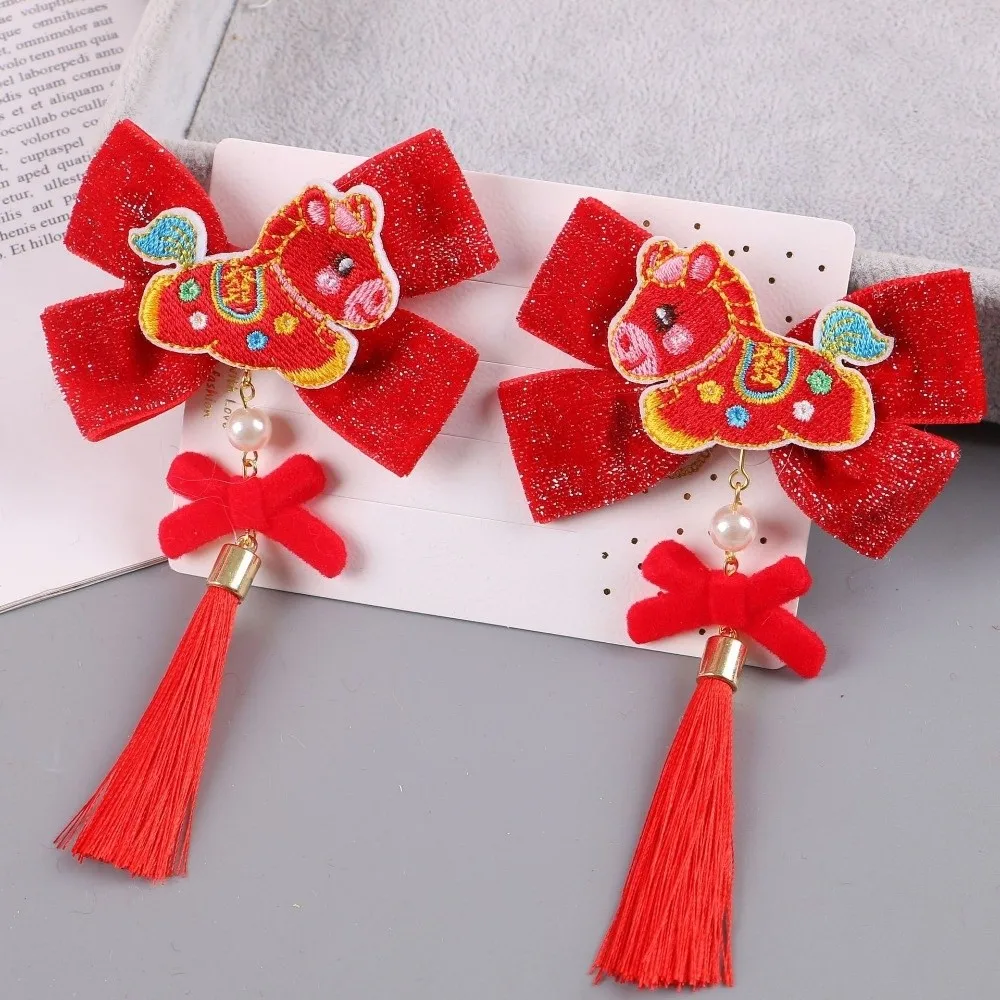

Cartoon Traditional Chinese Hair Clip Bow Horse Tassel Hairpin Red 2026 Year of the Horse New Year Hair Accessory