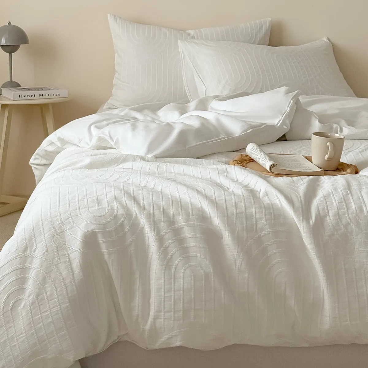 Light luxury high-end Wabi Sabi jacquard white French cream style pure cotton all cotton duvet cover bedding four piece set