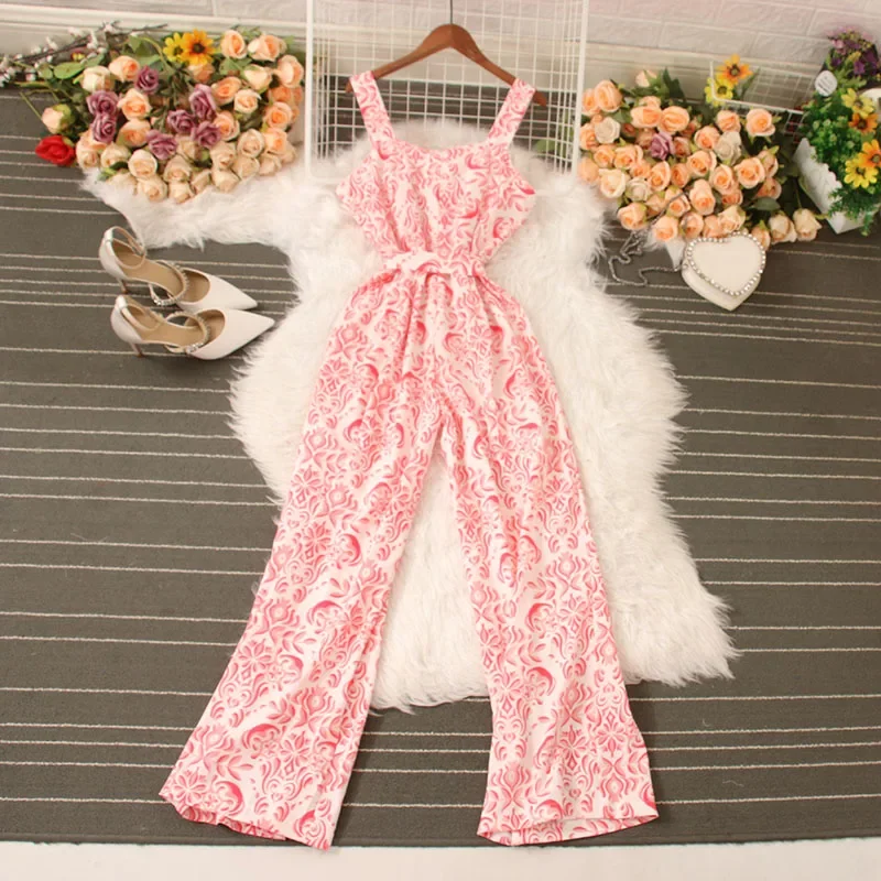 

French Vintage Floral Print Women's Summer Jumpsuit V-Neck Sleeveless High Waist Wide Leg Romper Dress Pants Ladies Fashion