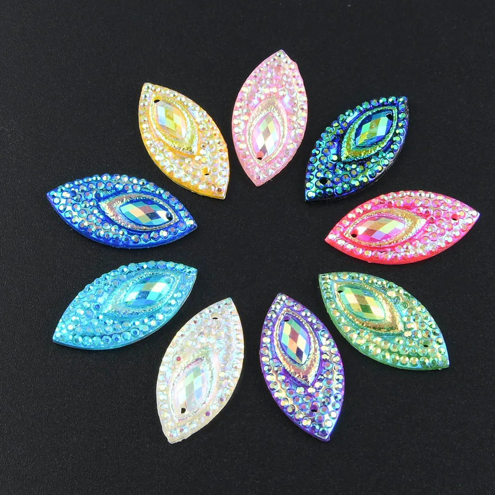 40pcs 11*22mm Shiny AB Flatback Marquise Resin Rhinestones Ornaments  Sew on Wedding/Home Decoration DIY Applique Design Apparel