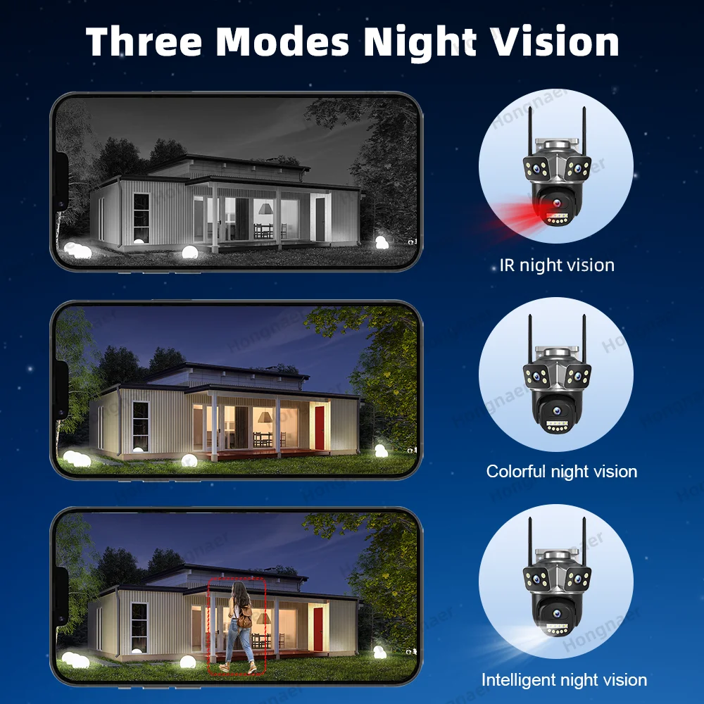 Hongnaer 12MP 6K Three Lens V380 Pro Night Vision Waterproof Outdoor PTZ IP CCTV WiFi Home Security Wireless Camera