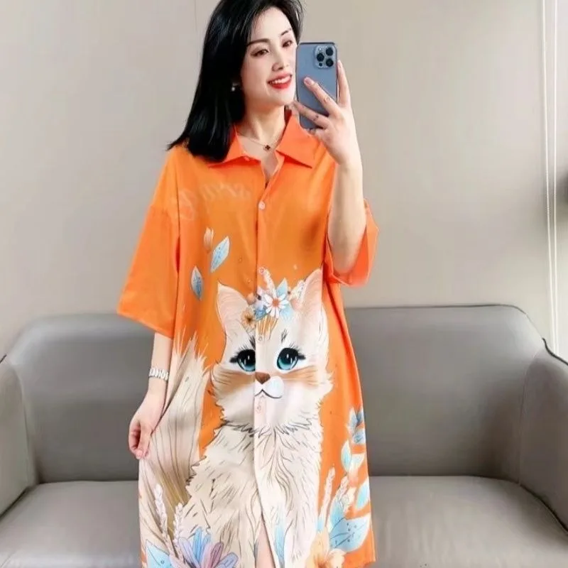 Ice Silk Pajama Dress Women Summer Short Sleeved 2024 New Cute Cat Oversized Fashion Wearing Maternity Shirt Skirt