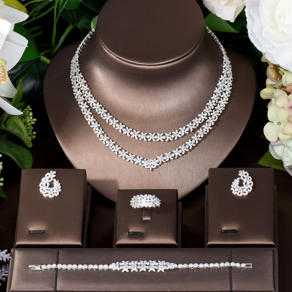 HIBRIDE African Two Layers Cubic Zirconia Saudi Arabia White Color Wedding Bridal Necklace Earrings Jewelry Sets For Women N-801