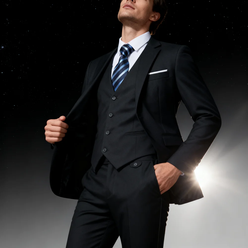 

Elegant Solid Single-Button Slim Fit 3-Piece Men's Terno Blazer Vest Pants Ensemble for Formal Occasions