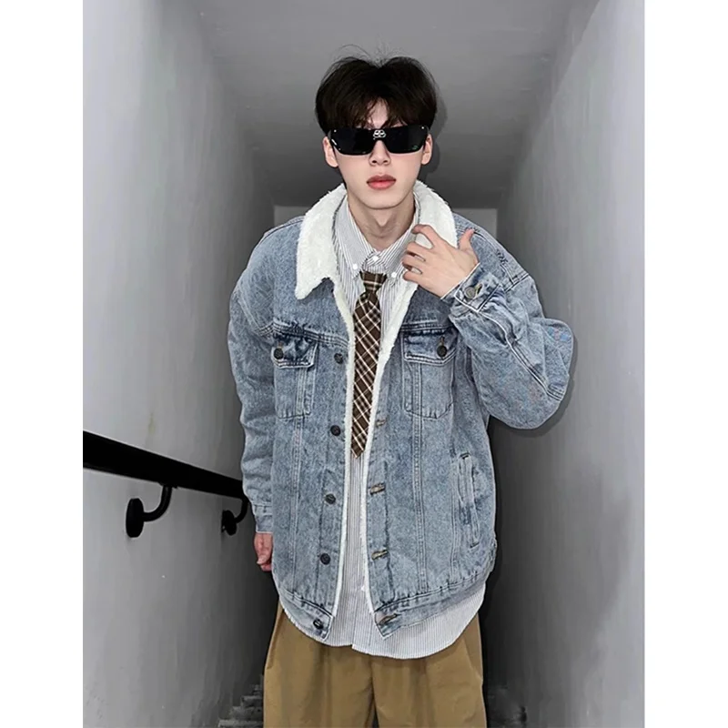 

Blue ort Lamb Fur Jaet Men's Autumn Winter Thiened Denim Cotton Workwear Jaet American Retro Sle Youth Faion