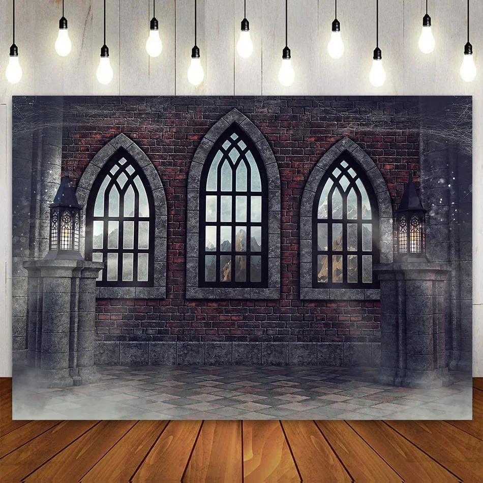 Old Gothic Cemetery Wall Arches and Iron Railings Torches Halloween Theme birthday party photo background photography backdrop